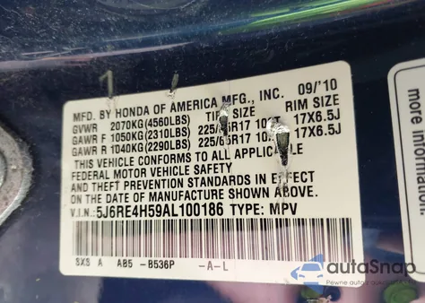2010 Honda Cr-V Ex z USA, uszkodzony, nr VIN 5J6RE4H59AL100186